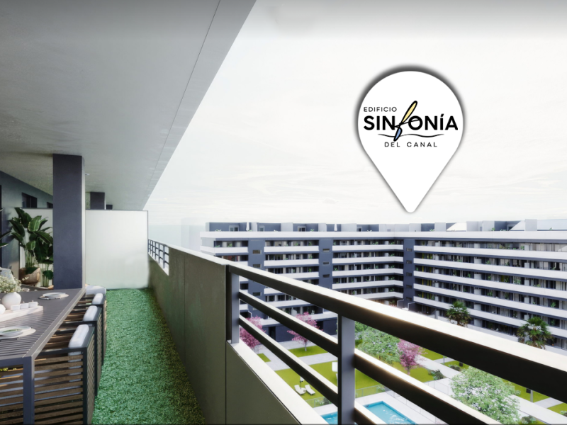 Vistas del Edificio Sinfonía del Canal y la zona común. Infografía orientativa a concretar en el desarrollo del proyecto.